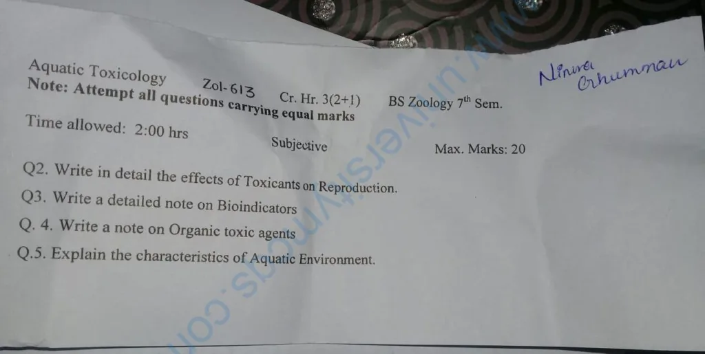 Aquatic Toxicology past papers